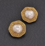 Vintage Chanel Gold Tone Pearl Round Earrings CC