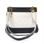 Vintage Chanel Black x Wihte Leather Tote Shoulder Bag Gold CC