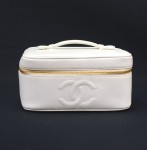 Chanel White Caviar Leather Vanity Cosmetic Bag CC Gold