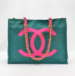 Chanel Green & Pink Nylon Shoulder Bag XL tote gold chain CC SS54