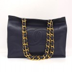 Vintage Chanel Navy Leather Shoulder Tote Bag XL Jumbo