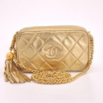Vintage Chanel Gold Tone Quilted Leather Fringe Mini Shoulder Bag Gold CC Chain