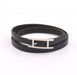 Hermes Black Leather Long Wrap Silver Tone Bracelet