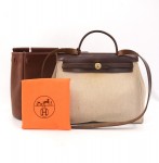 Hermes Herbag PM Beige x Brown 2 in 1 Canvas Leather Shoulder Hand Bag