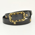 Chanel Black Leather x  Gold Tone CC Belt Chain Motif SS198