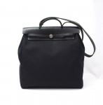 Hermes Herbag MM 2 in 1 Black Canvas Leather Shoulder Hand Bag