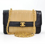 Chanel Black x Beige Vertical Leather Shoulder Bag Gold CC SS588