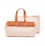 Hermes Herbag Cabas Beige Canvas Leather Shoulder Tote Bag