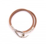 Hermes Brown Leather x Silver Tone Hook Double Bracelet