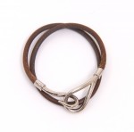 Hermes Brown Leather x Silver Tone Hook Double Bracelet