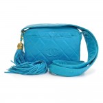 Vintage Chanel 7inch Blue Quilted Leather Fringe Shoulder Mini Bag