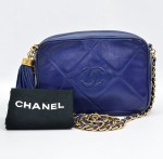 Chanel Navy Quilted Shoulder Bag With Fringe Gold Chain CC SS662