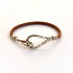 Hermes Brown Leather Silver Tone Hook Bracelet