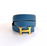 Hermes Blue Leather x Gold Tone H Buckle Belt