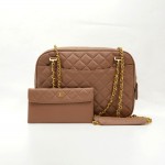 Vintage Chanel Brown Quilted Leather Shoulder Bag + Matching Pouch