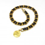 Vintage Chanel Black Leather x Gold Tone CC Logo Medallion Chain Belt