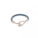 Hermes Blue Leather x Silver Tone Hook Jumbo Bracelet