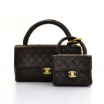 Vintage Chanel Brown Quilted Leather Pair Handbag 2 in 1 Set