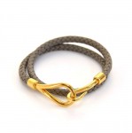 Hermes Gray Leather x Gold Tone Hook Double Wrap Jumbo Bracelet