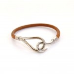 Hermes Brown Leather x Silver Tone Hook Jumbo Bracelet