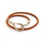 Hermes Brown Leather x Silver Tone Hook Double Wrap Jumbo Bracelet