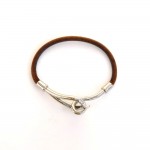 Hermes Brown Leather x Silver Tone Hook Jumbo Bracelet