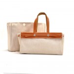 Hermes Herbag Cabas Beige Canvas Brown Leather Shoulder Tote Bag