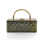 Chanel Vanity Metallic Green Quilted Patent Leather Cosmetic Hand Bag