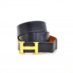 Vintage Hermes Navy Leather x Gold Tone H Buckle Belt Size 85