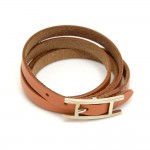 Hermes Api III Brown Leather Silver Tone H Logo Long Wrap Bracelet