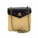 Vintage Chanel Black x Beige Quilted Lambskin Leather Shoulder Bag