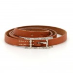 Hermes Brown Leather Silver Tone H Buckle Long Wrap Bracelet