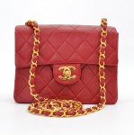 Chanel Red Quilted Leather Mini Shoulder Bag Gold Chain CC SS679