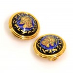 Hermes Blue x Gold Tone Enamel Button Round Earrings