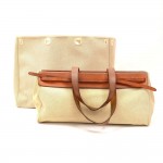 Hermes Herbag Cabas Beige Canvas Brown Leather Shoulder Tote Bag