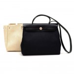 Hermes Herbag PM 2 in 1 Beige Canvas Black Leather Shoulder Bag