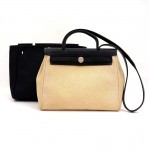 Hermes Herbag PM 2 in 1 Beige Canvas Black Leather Shoulder Bag